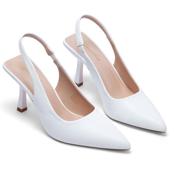 Women Brown White Satin Pointed Closed Toe Slingback Mid Heels Stiletto Pumps - Picture 6 of 8